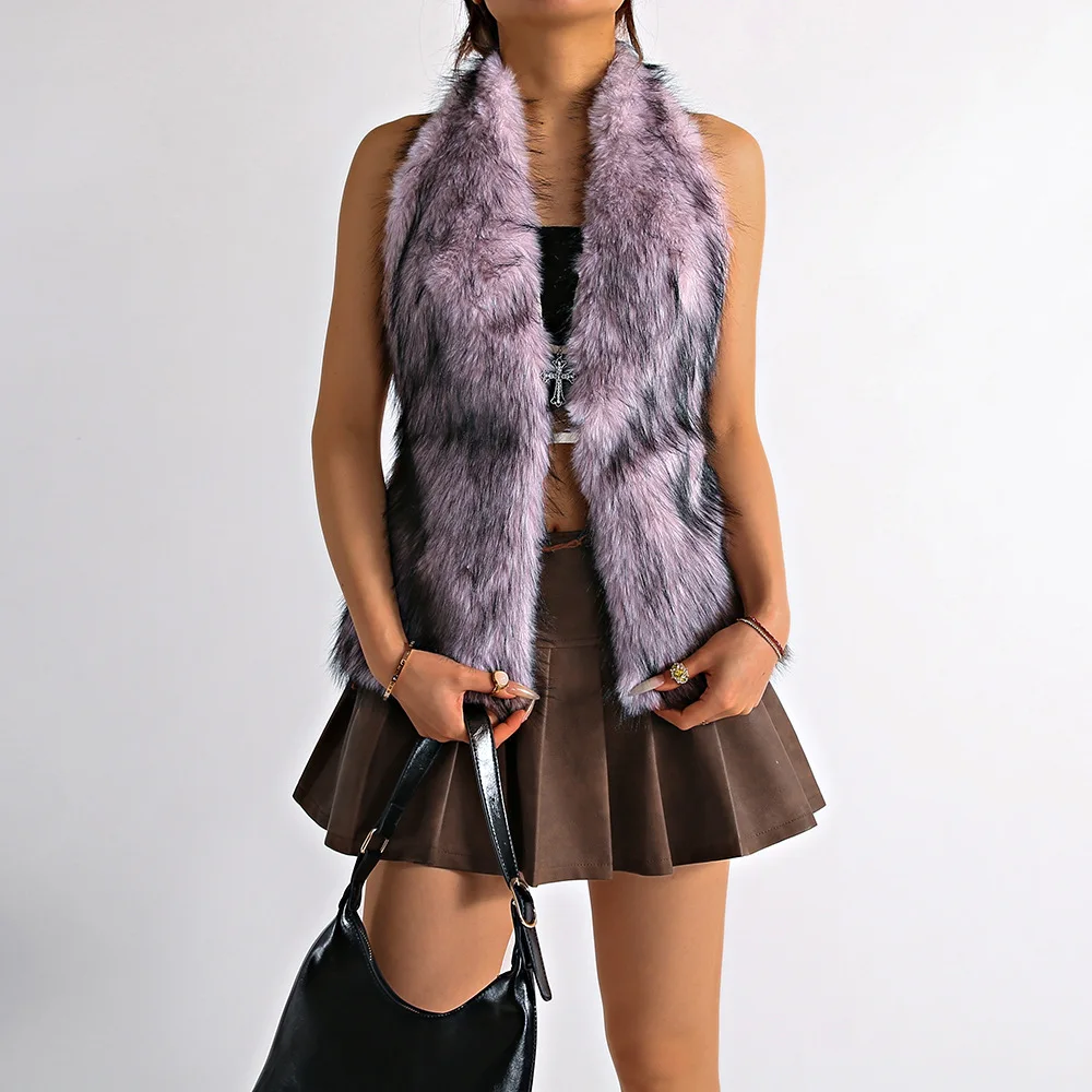 Faux Fur Vests Crop Tops Women Fashion Sexy Turtleneck Sleeveless Halter Backless Furry Tank Winter Casual Streetwear