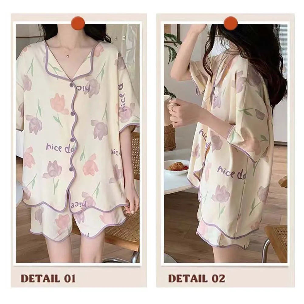 Short Sleeve Tulip Flowers Pajamas Nightwear Set Single Breasted Shirts Flowers Pajama Pants Comfortable Korean Ins