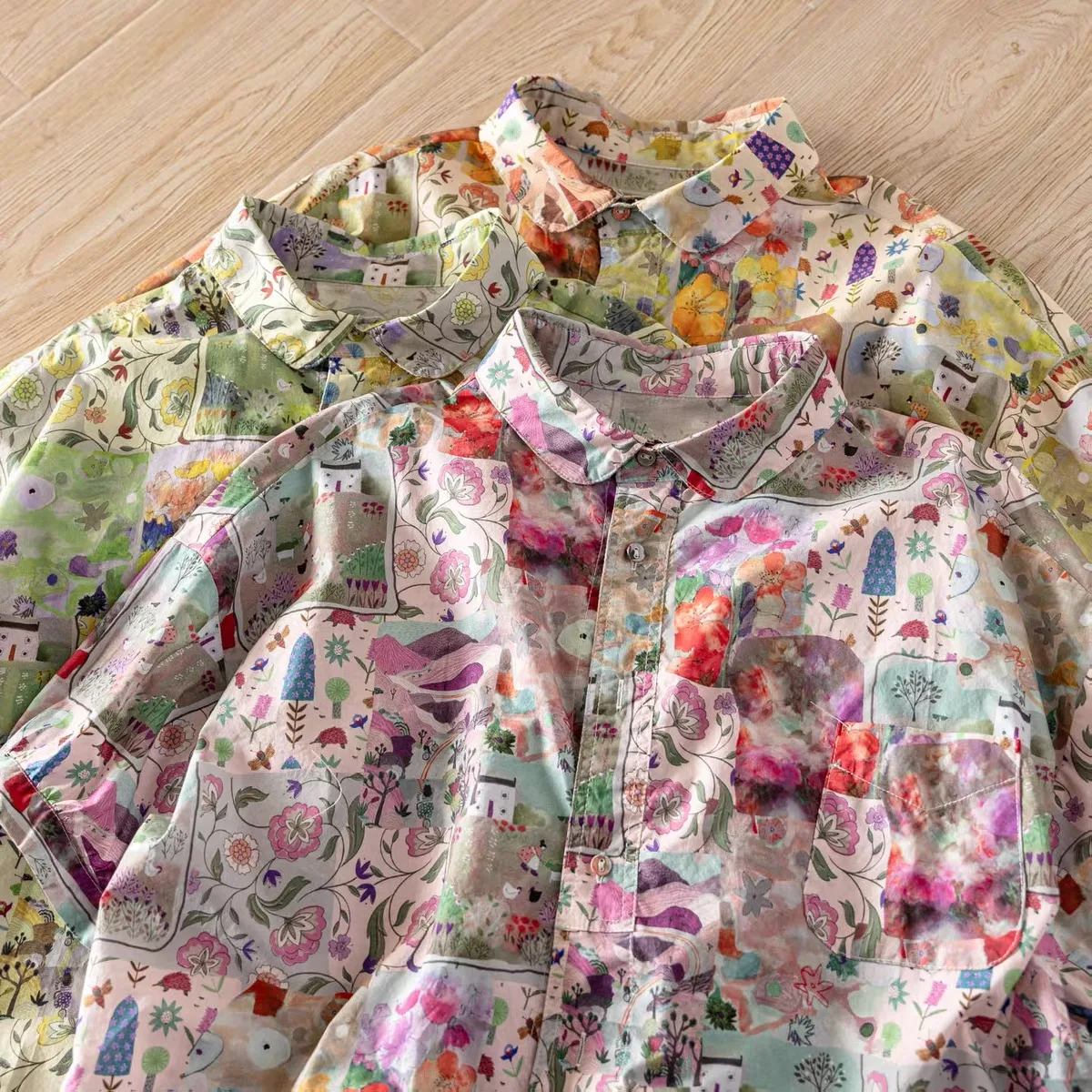 

2026 Women's Vintage Cottage Landscape Floral Button Down Shirts 100% Cotton Liberty Art Print Loose Long Sleeve Blouses