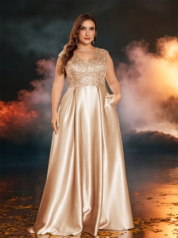 Lucyinlove Plus Size Luxury Gold Satin V-Neck Evening Dress Women Sequin Wedding Party Prom Floor Lenght Cocktail Dress Gowns