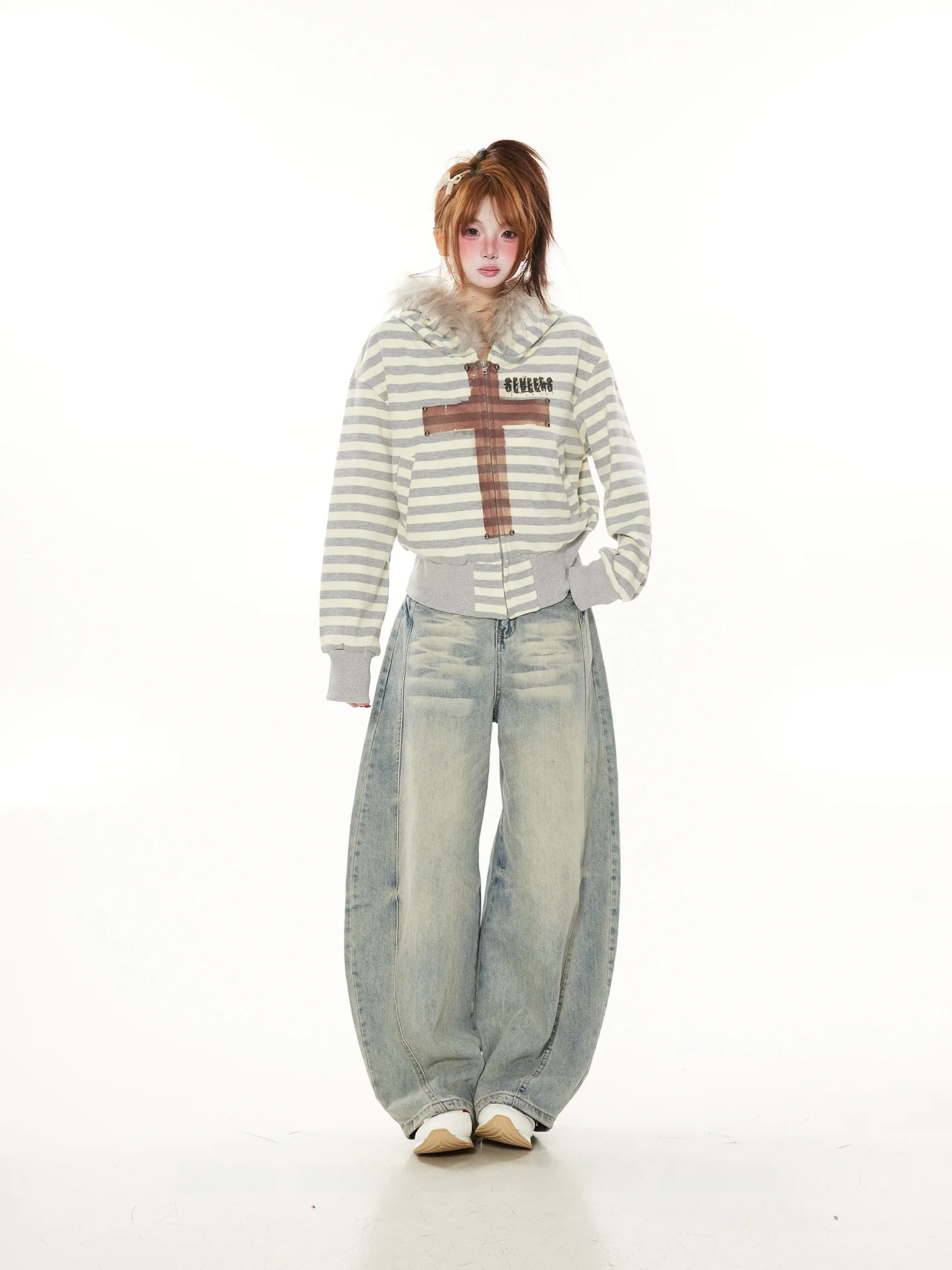 

Casual American High Street Cross Print Rivet Hoodie Cardigan Women Spring Autumn ort Fur Collar Striped Jaet