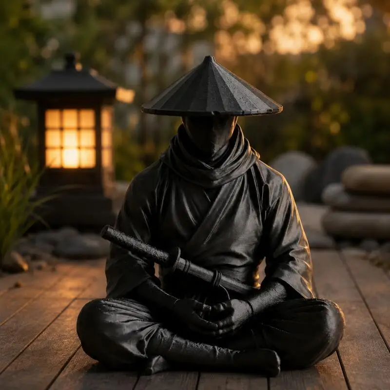 3D Printed Meditating Ninja Figurine, Black Samurai Zen Desk Statue for Shelf, Office & Home Decor