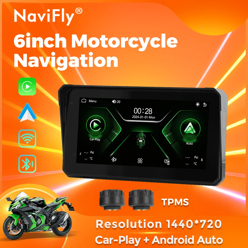 

NaviFly 6 Inch Motorcycle Navigation Touch Screen Waterproof Portable Motorcycle CarPlay Wireless Android Auto Monitor BT TPMS