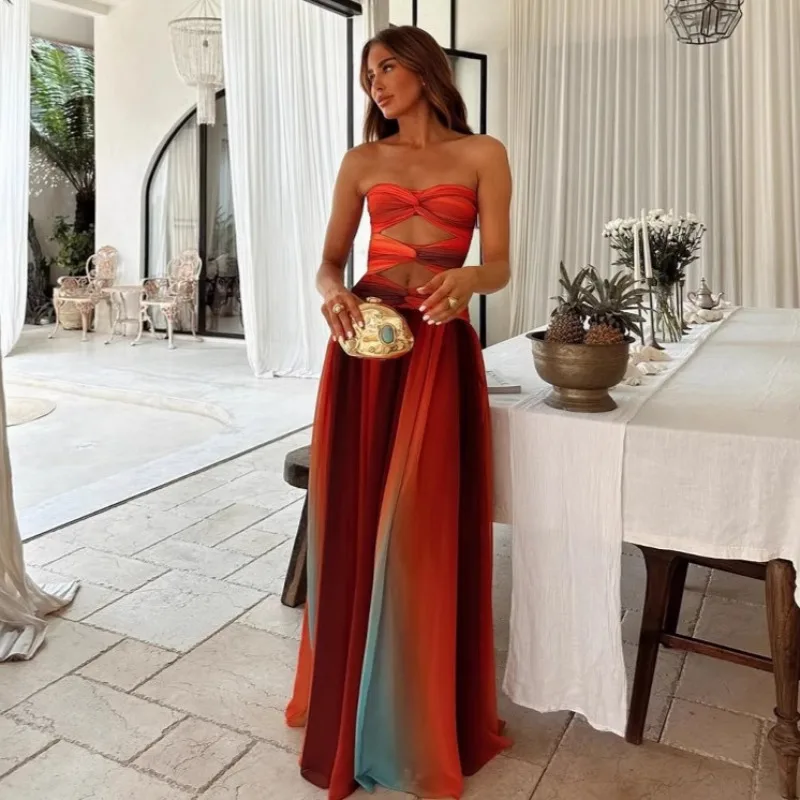 

2025 Summer Gradient Hollow Out Strapless Maxi Party Dress Women Sexy Twist Sleeveless Backless Vacation Beach Long Robe Vestido