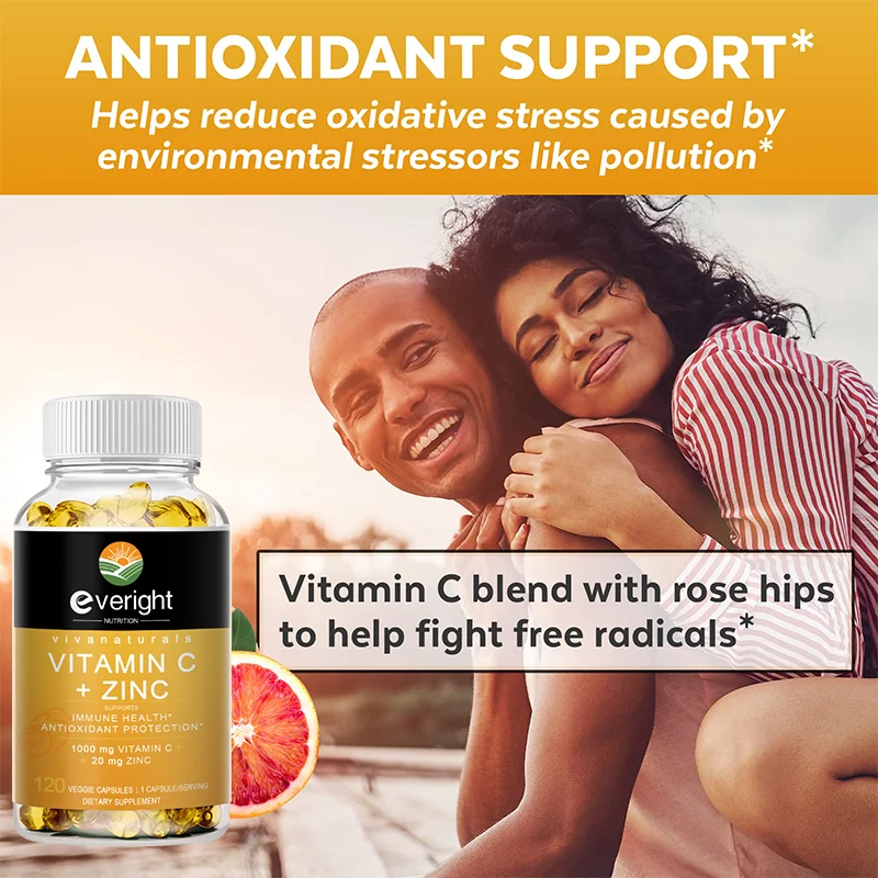 Vitamin C and Zinc Supplement - 1000 mg Vitamin C with Zinc 20 mg Antioxidant Supplements for Immune Support and Skin Health