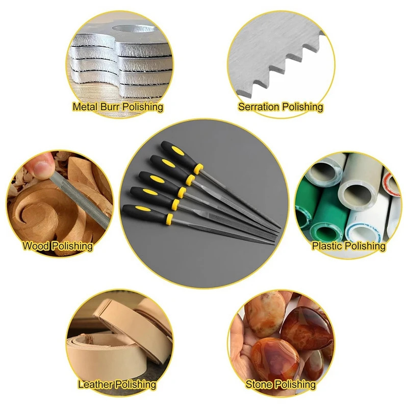 Small Hand Metal File Set, 6.3In, 5Pcs, Strength Alloy Steel Needle Files Round, Bi Half-Round, Flat, Square, Triangular Durable
