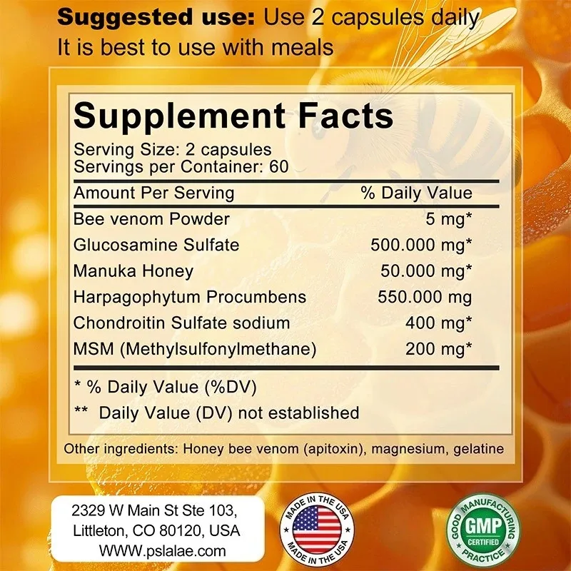 Natural Bee Venom Extract Capsules - Glucosamine Chondroitin Supplement Relieves Joint Pain and Stiffness, Promotes Bone Health