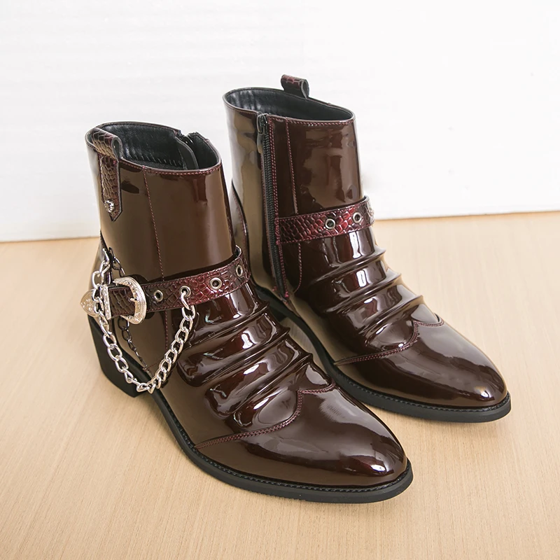 Fashionable Patent Leather Men's Comfortable Side Zipper Chain Decorative Leather Shoes Autumn New  Pointed Party High Top Shoes