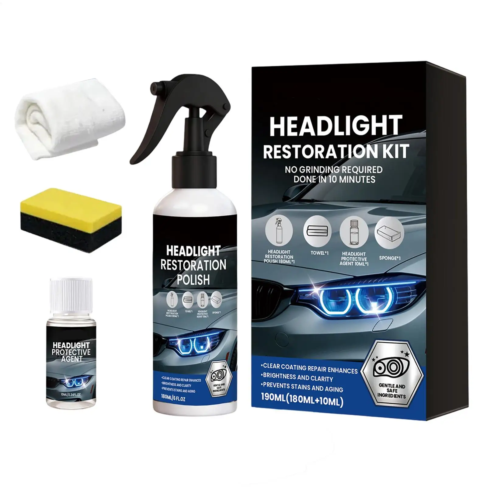Kit de Restauração de Faróis Automotivos: Restaura a Clareza, Polidor de Lentes de Farol, Solução de Limpeza e Líquido Reparador de Faróis