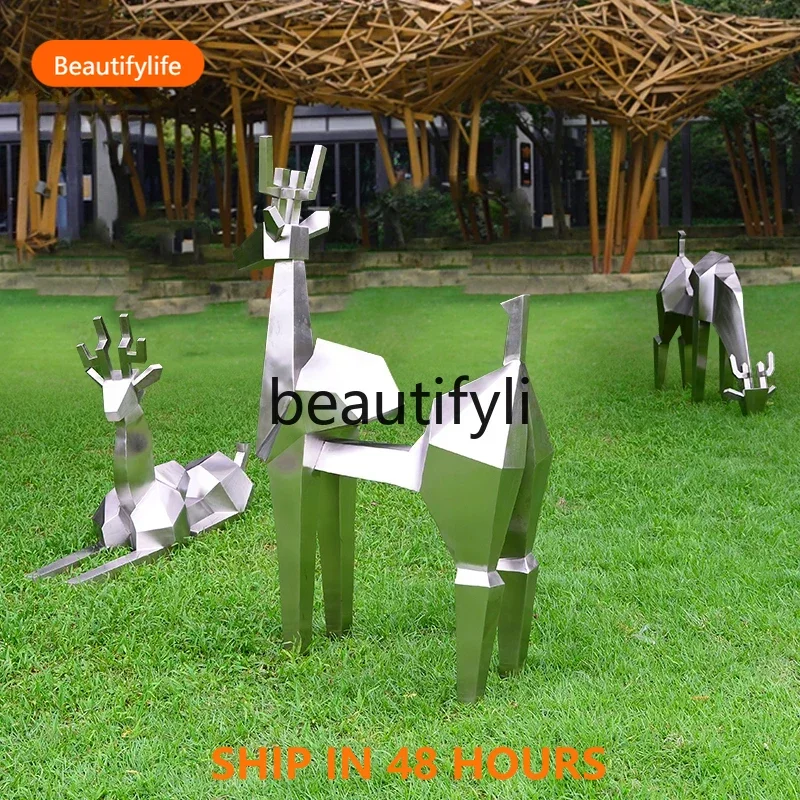 03 Park Lawn Outdoor Sculpture Garden Landscape Ornament Metal Geometry Stainless Steel Deer Ornament