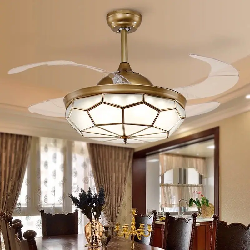 Modern invisible ceiling fan lights, living dining room bedroom fan lamp, antique copper, variable frequency LED lights
