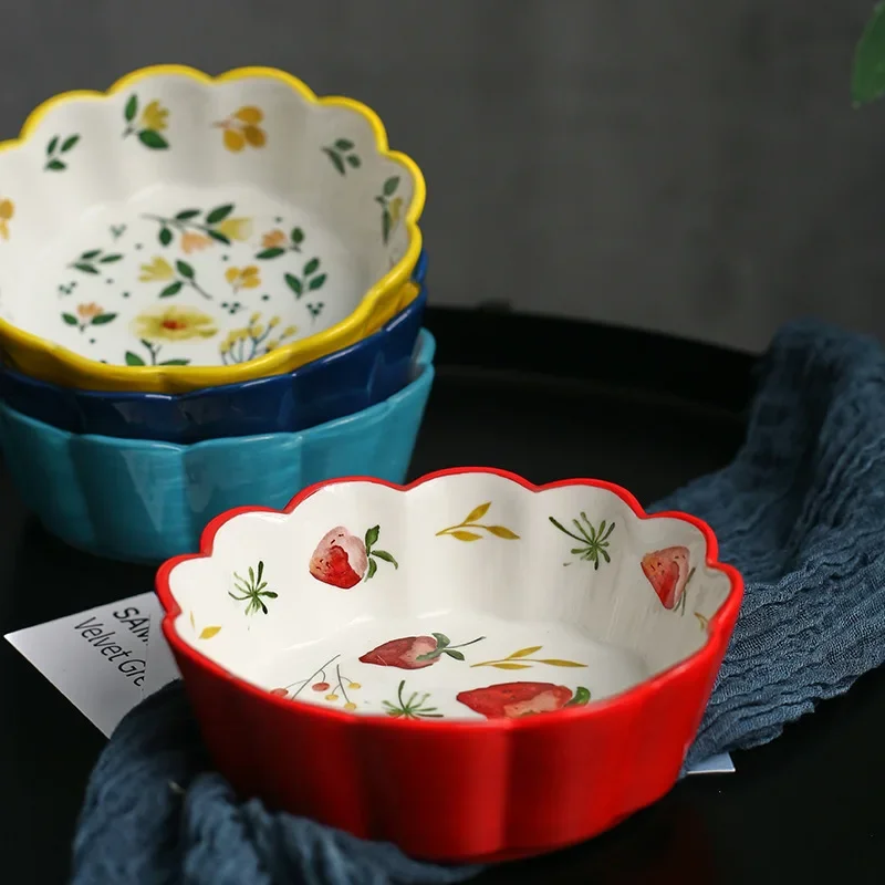 Nordic Simple Hand-painted Ceramic Salad Cake Bowl Colorful Porcelain Soup Fruit Bowl Lace Rice Dessert Snack Bowl Tableware