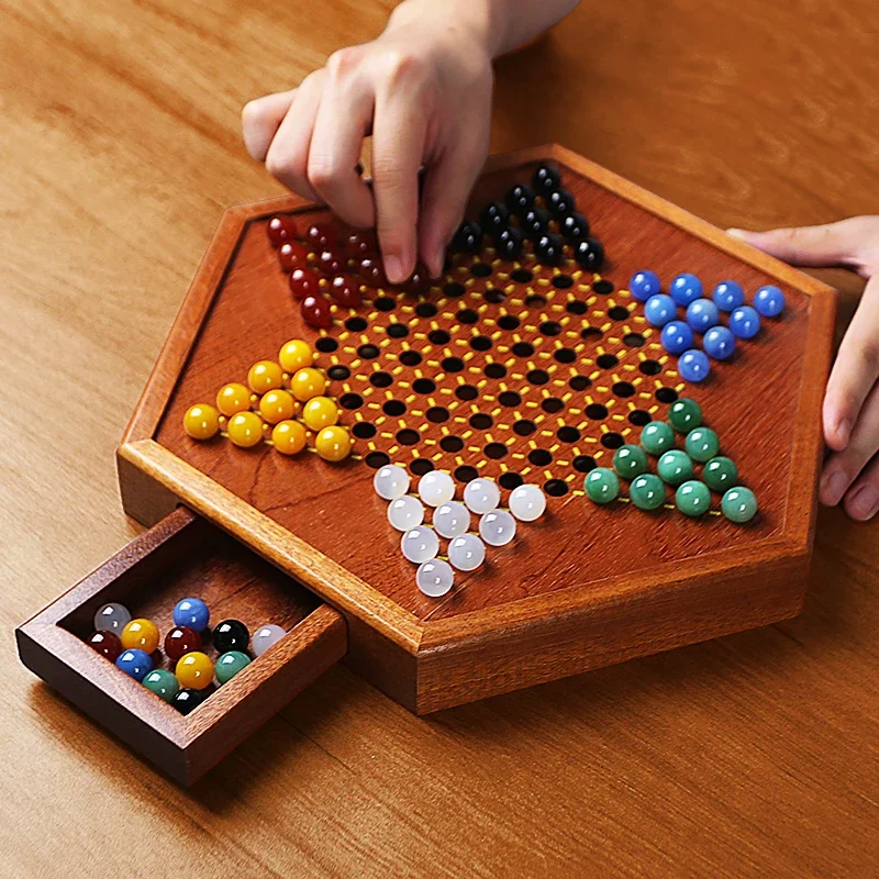 Checkers glass ball children's puzzle wooden two-in-one chessboard large adult version parent-child marbles agate beads checkers