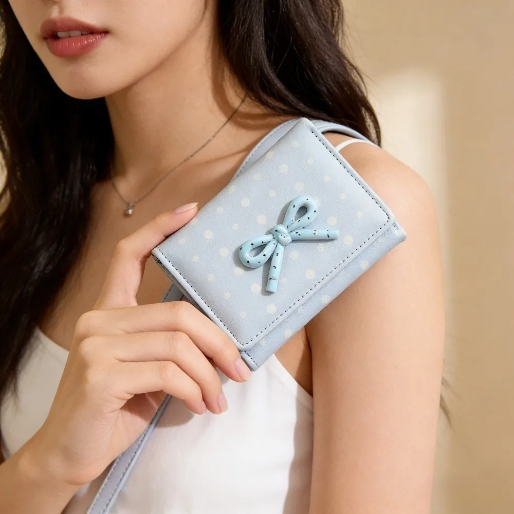 Simple Polka Dot Bowknot Short Wallet Dopamine Color PU Leather Card Holder Coin Purse Large Capacity Card Organizer Daily