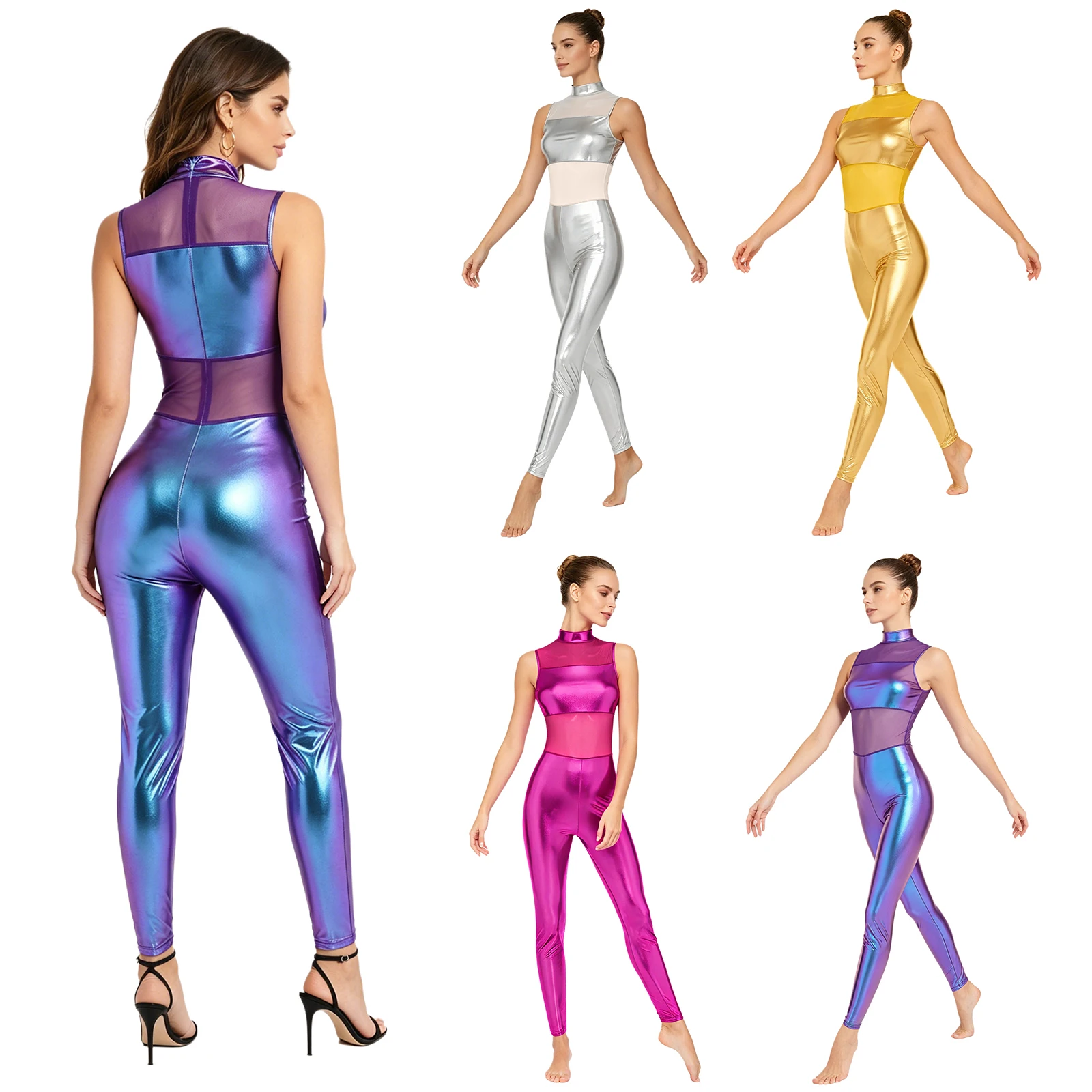 Womens Metallic Shiny Disco Jazz Ballet Dance Outfit Female Gymnastics Jumpsuit Unitard for Dance Practice Leggings Bodysuit