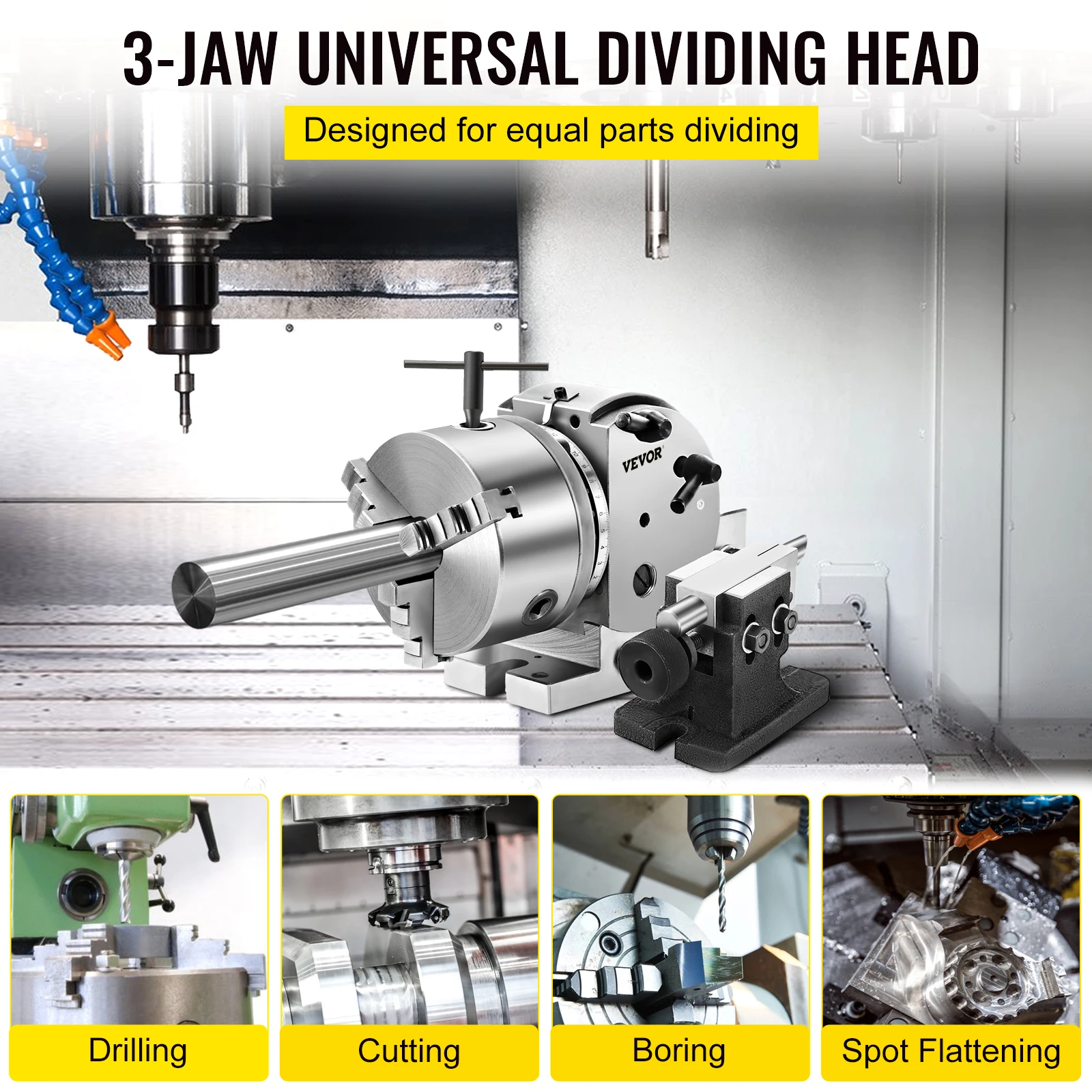 VEVOR BS-0 Cabeza Divisora de Precisión con Mandril de 3 Mordazas Contrapunto, Cabezal Divisor MT2 con Mandril de 168 mm, Cabezal Divisorio 23 kg, Altura de Centro de Indexación 100 mm con Placas