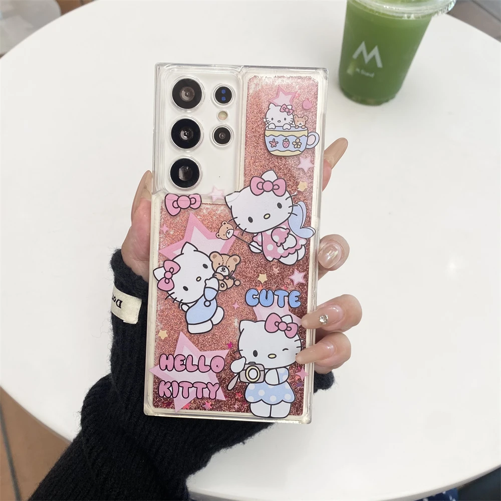 Liquid Glitter Quicksand Phone Case For Samsung Galaxy S25 Ultra S24 FE S23 S22 S21 Plus Acrylic Cover Sanrio Hello Kitty