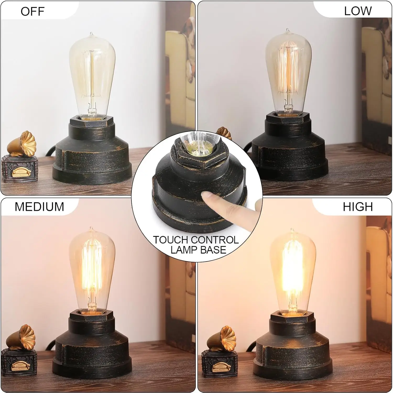 Lámpara de mesa industrial con control táctil, luz de mesita de noche con bombilla Edison regulable, acento Steampunk vintage para dormitorio y sala de estar