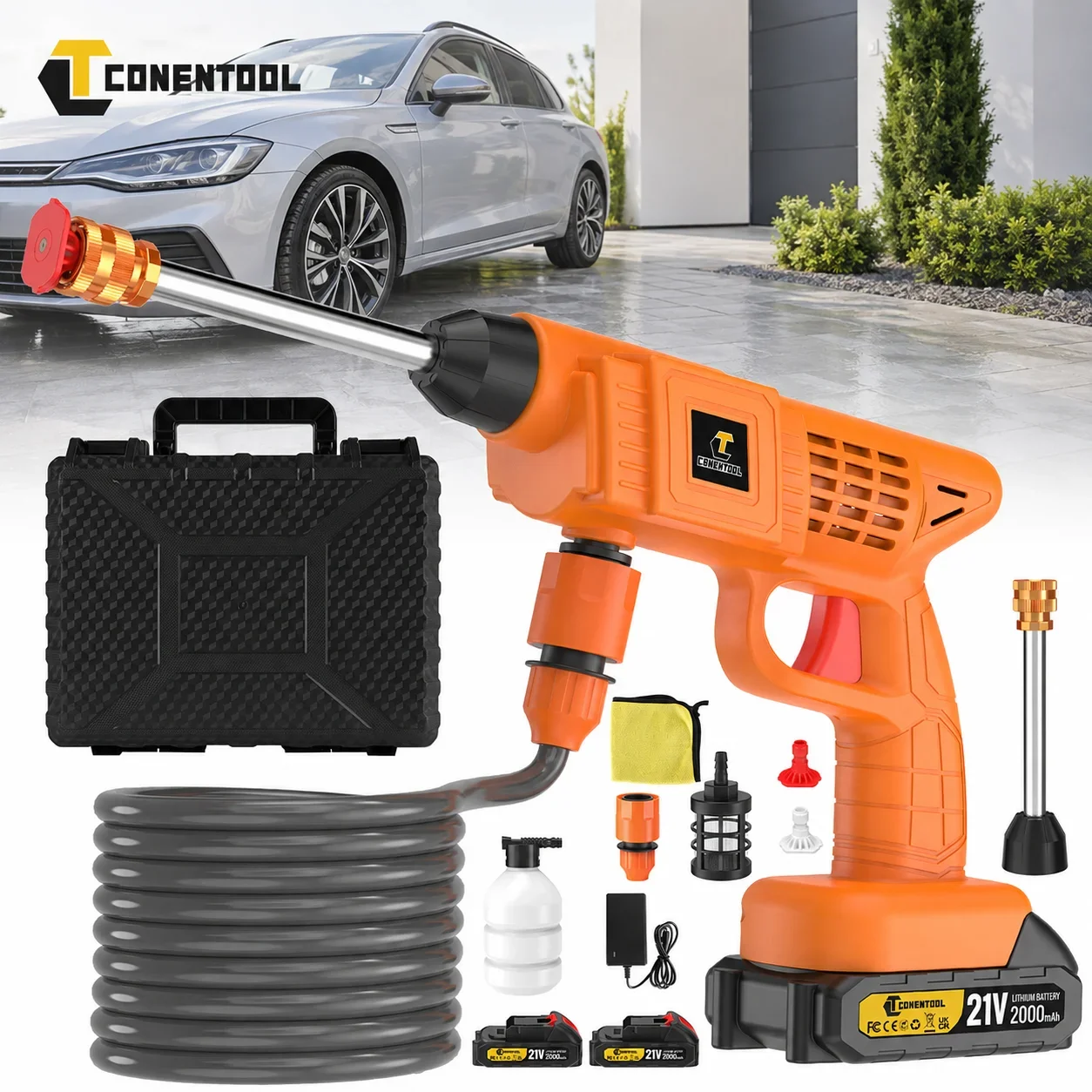 CONENTOOL Idropulitrice a Batteria 21V 600W 50BAR 14000RPM Pulitore Portatile con Controllo Continuo della Velocità, Flusso d'Acqua 3L/min, Tubo da 5M, Batteria 10000mAh, Serbatoio Schiuma per