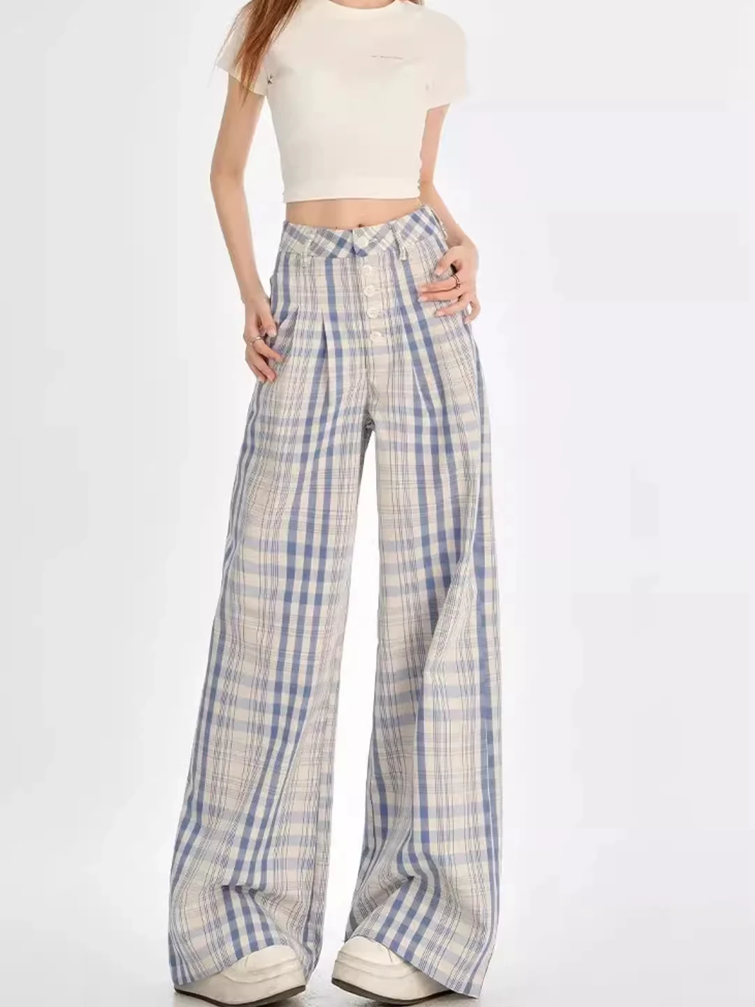 

Light Blue Plaid Wide Leg Casual Pants Women Summer Thin Outerwear Button Design Loose Floor-Length Pants High Waist Straight...