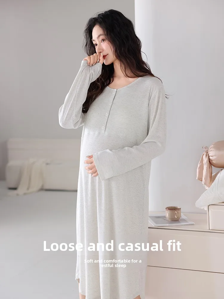 Urban Beauty Postpartum Sleepwear Modal Thin Model Maternity Nursing Nightgown with Chest Pad Summer Lightweight Long Sleeve