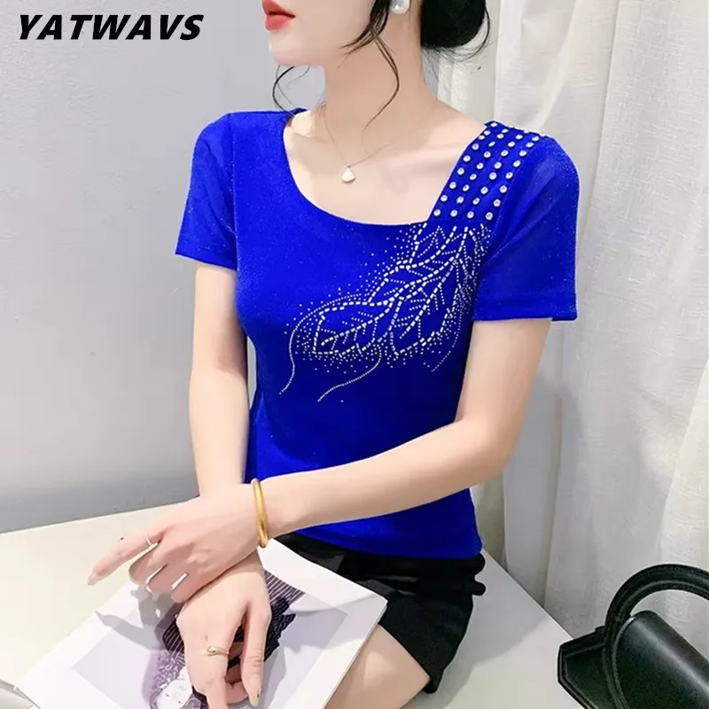 

New Summer Double-Layer Mesh Women's T-shirt Chic Sexy Skew Collar Hot Diamond Tees Female Fashion Short Sleeves Slim Top Shirt