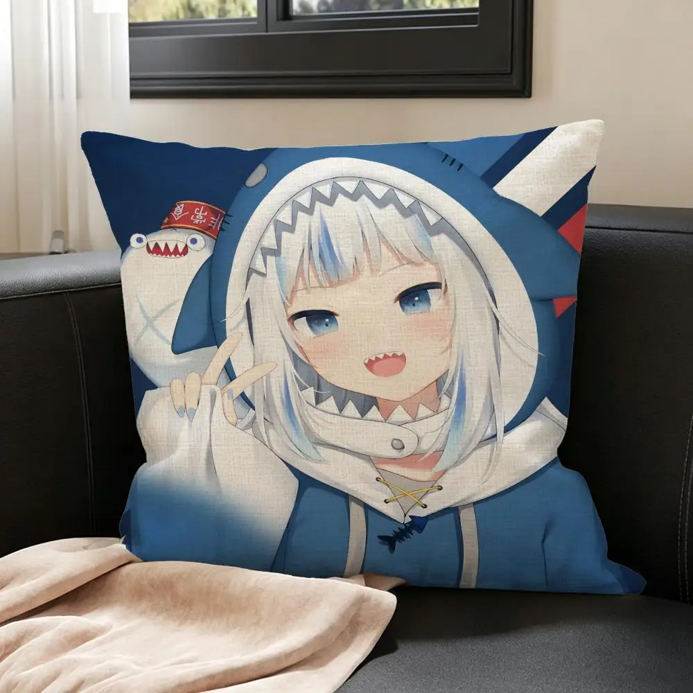 VTuber Gawr Gura Cushion Cover Natural Linen Pillowcase Set, All-in-One Decor for Sofa, Bedroom & Chair