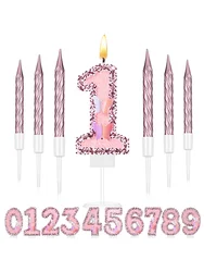 (6+1)7Pcs Pink Butterfly Birthday Candles Set,Pink Cut Ins Cake Numeral Candles,Number 0-9 Glitter Cake Topper Decoration for Pa