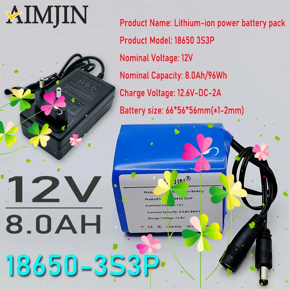

3S3P 18650 lithium-ion 12.6V DC 2A charger+rechargeable battery 12V with BMS battery pack 8000mAh ultra large capacity