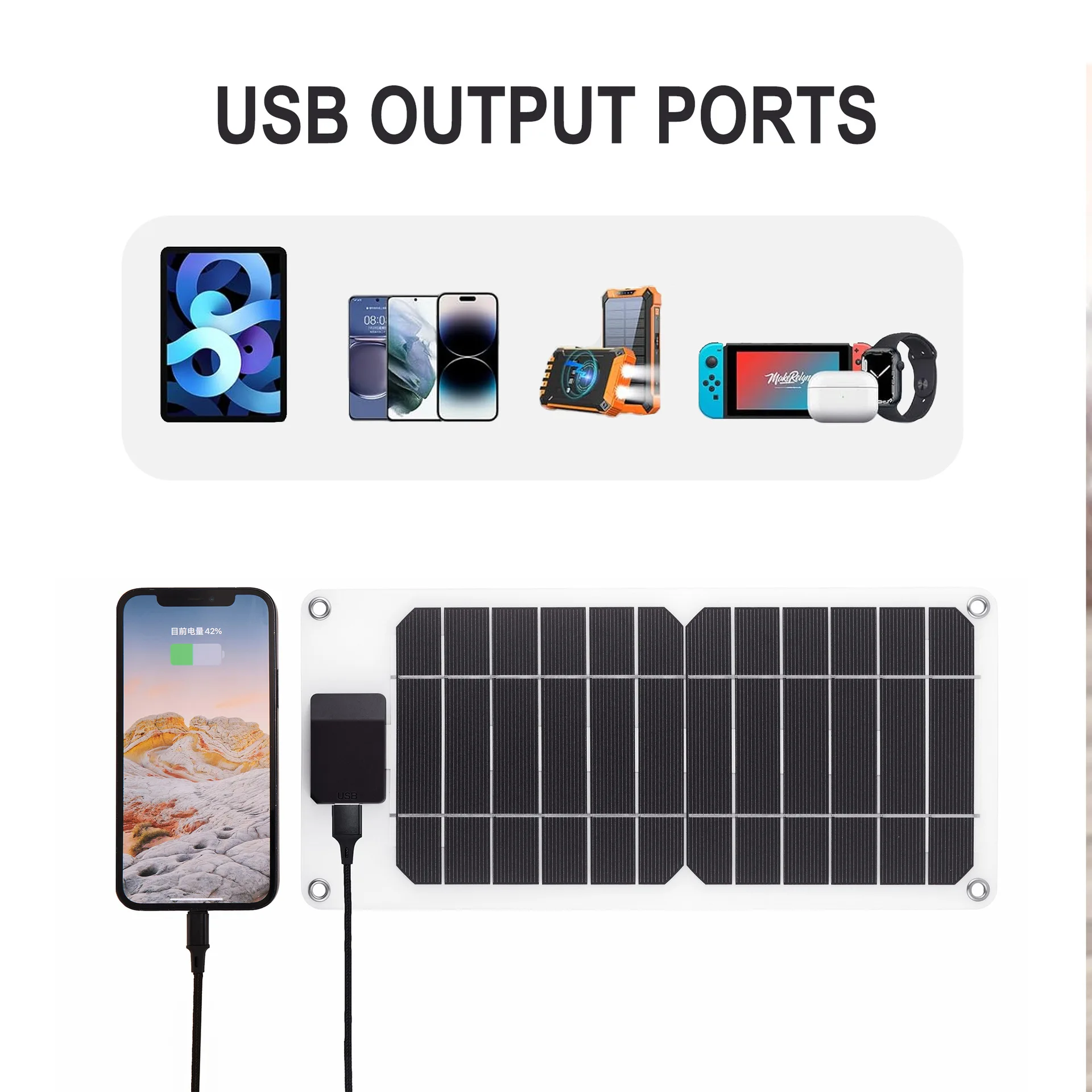 Portable 6W 5V Solar Panel Charger with USB for Phone Camera Camping Light ,Waterporoof Solar Power Bank,Lightweight, Ultra Thin