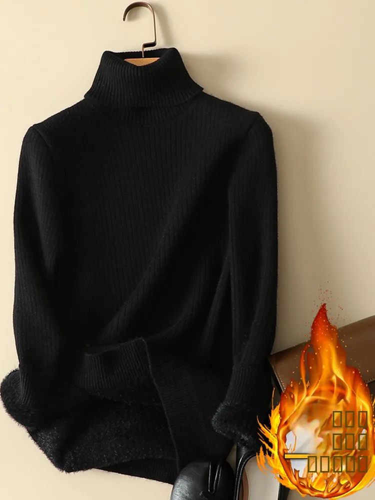 

Женский вязаный свитер с высоким воротником на флисовой подкладке, теплый базовый слой, мягкая ткань, для повседневной носки