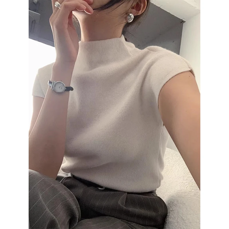 

Chic Spring Summer Color Base irt Slim Fit ort Sve f High Collar Women's Knitted Top Faionable Versatile