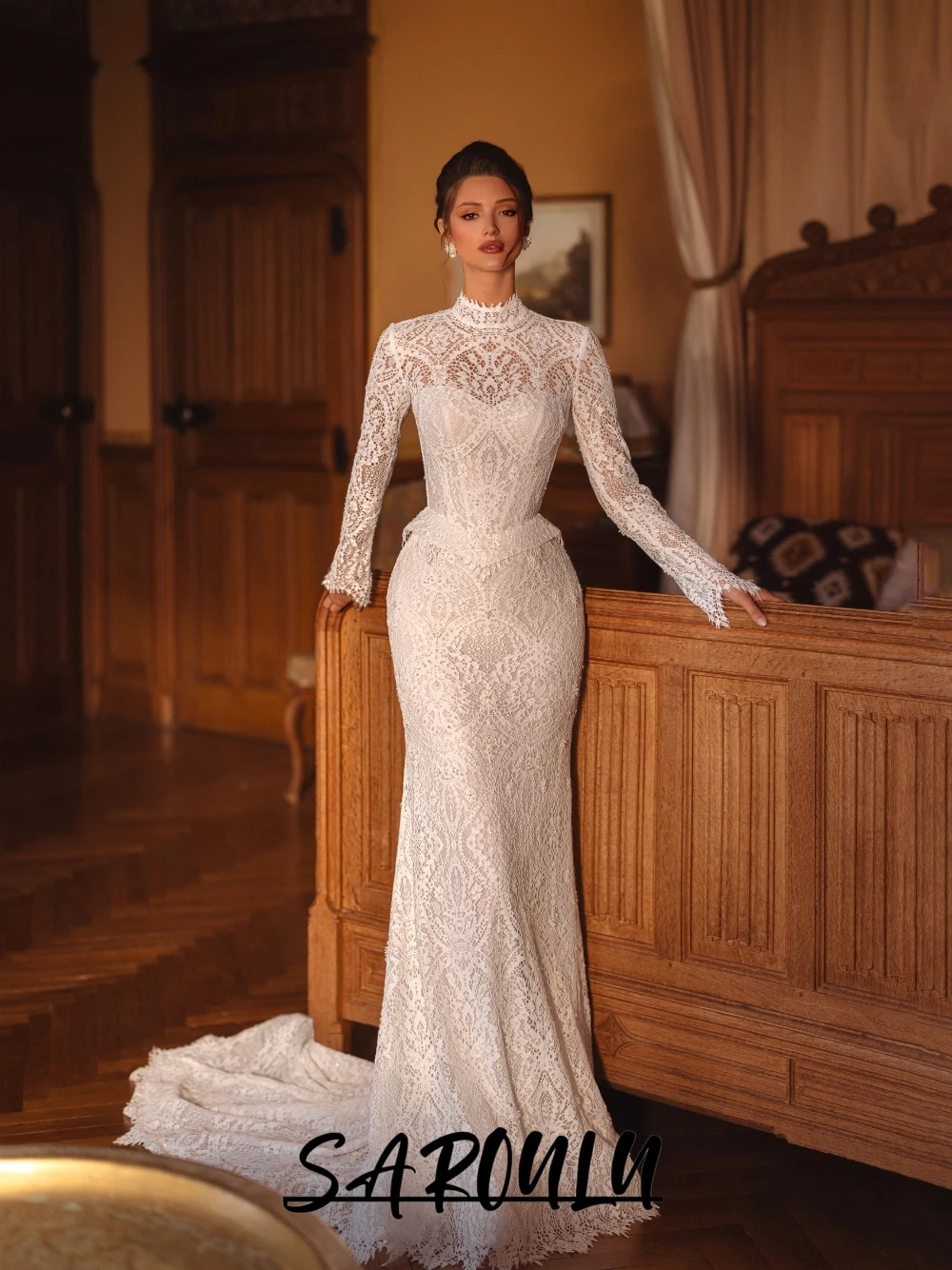 

Gently Sparkles Mermaid Wedding Dress, Fully Lace Chic Open Back Bridal Gown, Customized, Regal Dainty Long Sleeves Bride Wear