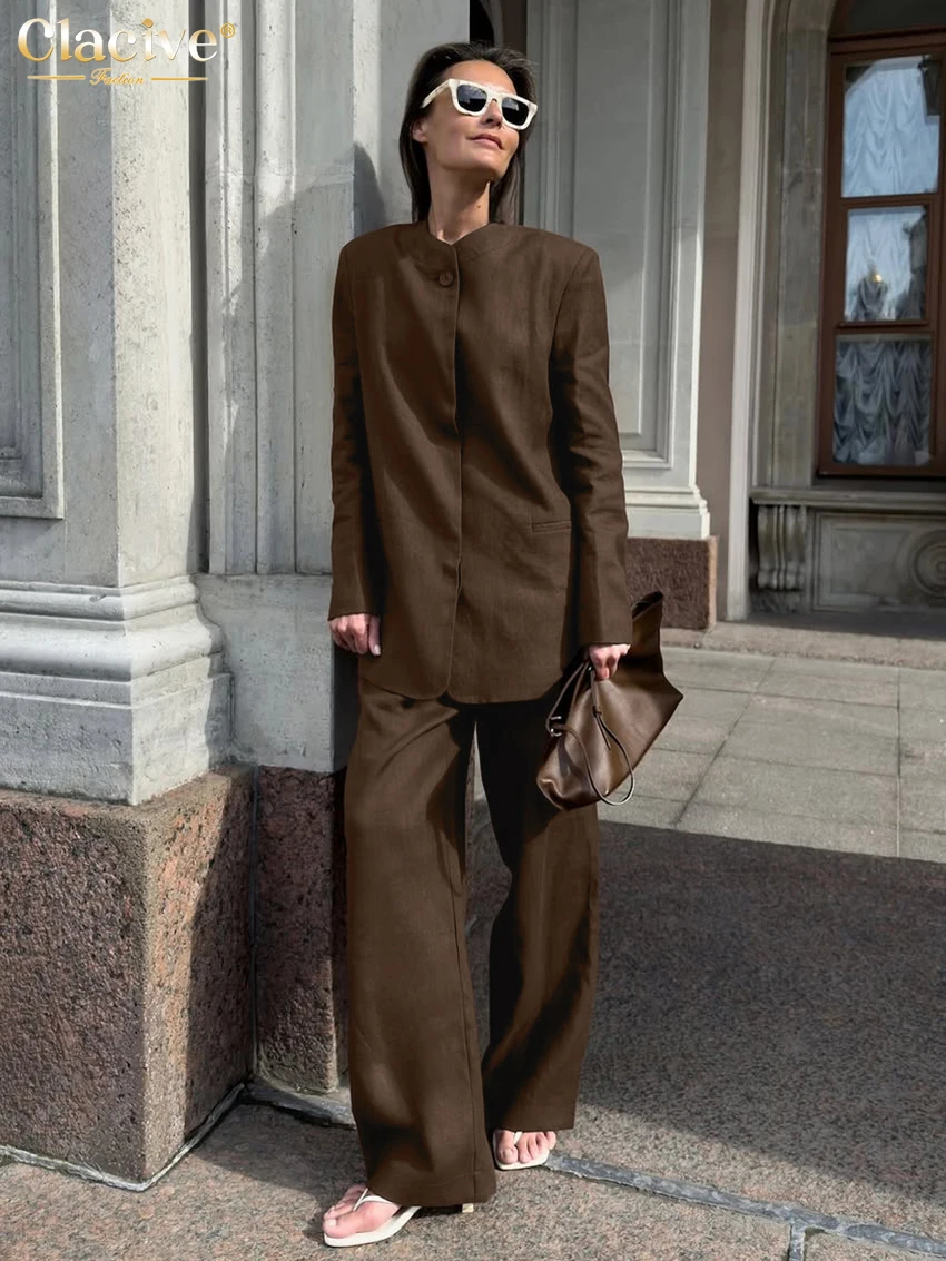 

Clacive Fashion Loose Brown Office 2 Piece Set Women Winter Long Sleeve Shirt With High Waist Wide Pants Set Female Clothing
