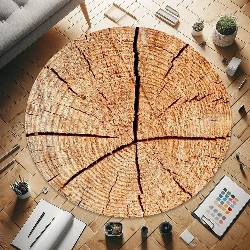 Natural Woodland Charm Tree Ring Pattern Round Rug Washroom Floor Mat Rugs for Bedroom Living Room Decoration