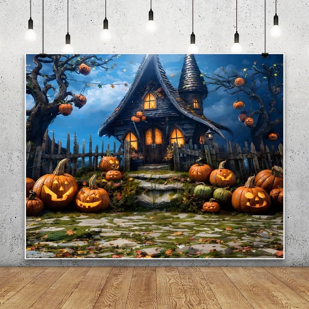 خلفية للتصوير الفوتوغرافي لبيوت القرع للهالوين، مشهد مقبرة قلعة الليل المظلم للأطفال، خلفية صورة للحفلات