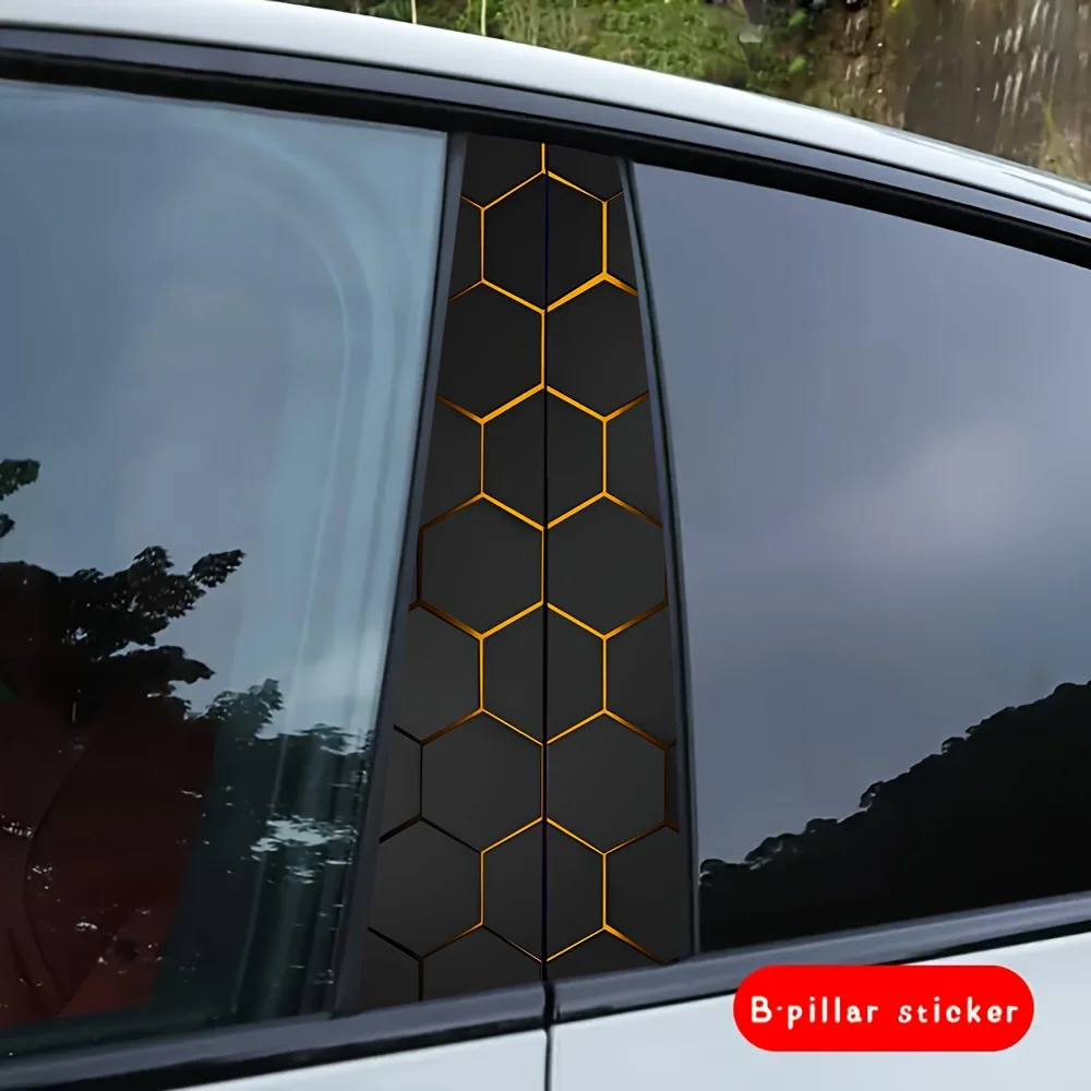 2-piece sci-fi themed B-pillar stickers, durable vinyl, easy to apply, waterproof, yellow hexagonal honeycomb pattern