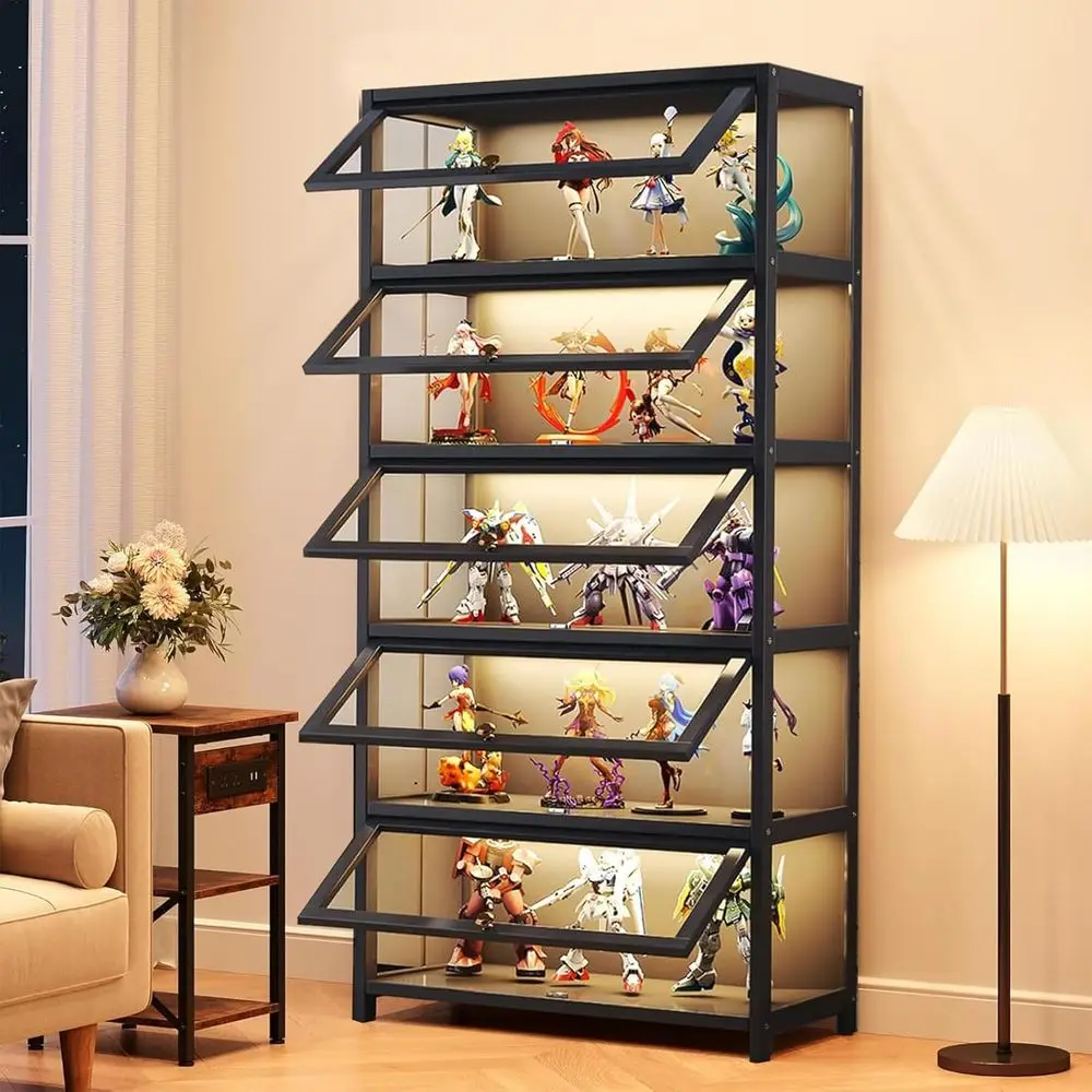 Display Cabinet Showcase - 5-Tier Bamboo Curio Case with Clear Doand Magnetic Suction - 68 Inch Tall Bookcase or CollectAction i