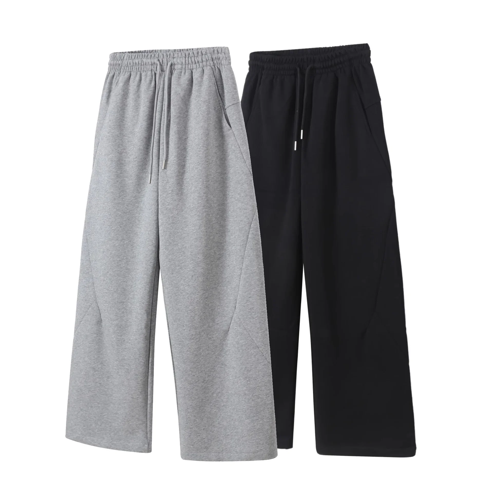 

Four Seasons New Fashion Men's Grey Black Solid Color Casual Trendy Loose Straight Wide Leg Sports Trousers Male Flare Pants