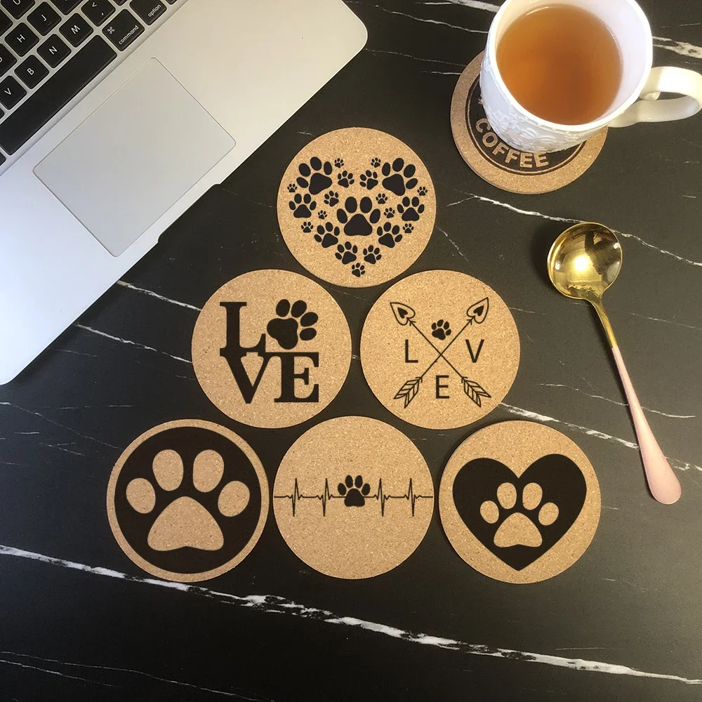 Cute Round Cork Coaster Engraved Cute Dog Paw Tea Coffee Mug Drinks Holder for Kitchen Natural Wooden Mat Tableware