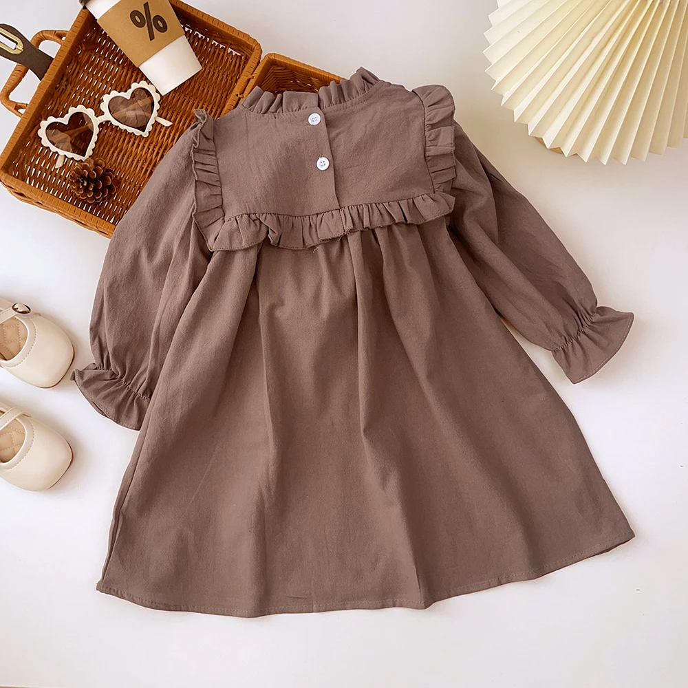 Bear Leader 2026 New Spring Autumn Flower Embroidery Design Girls' Dress French Round Neck Ruffle Cute Girls' Long Sleeve Skirt