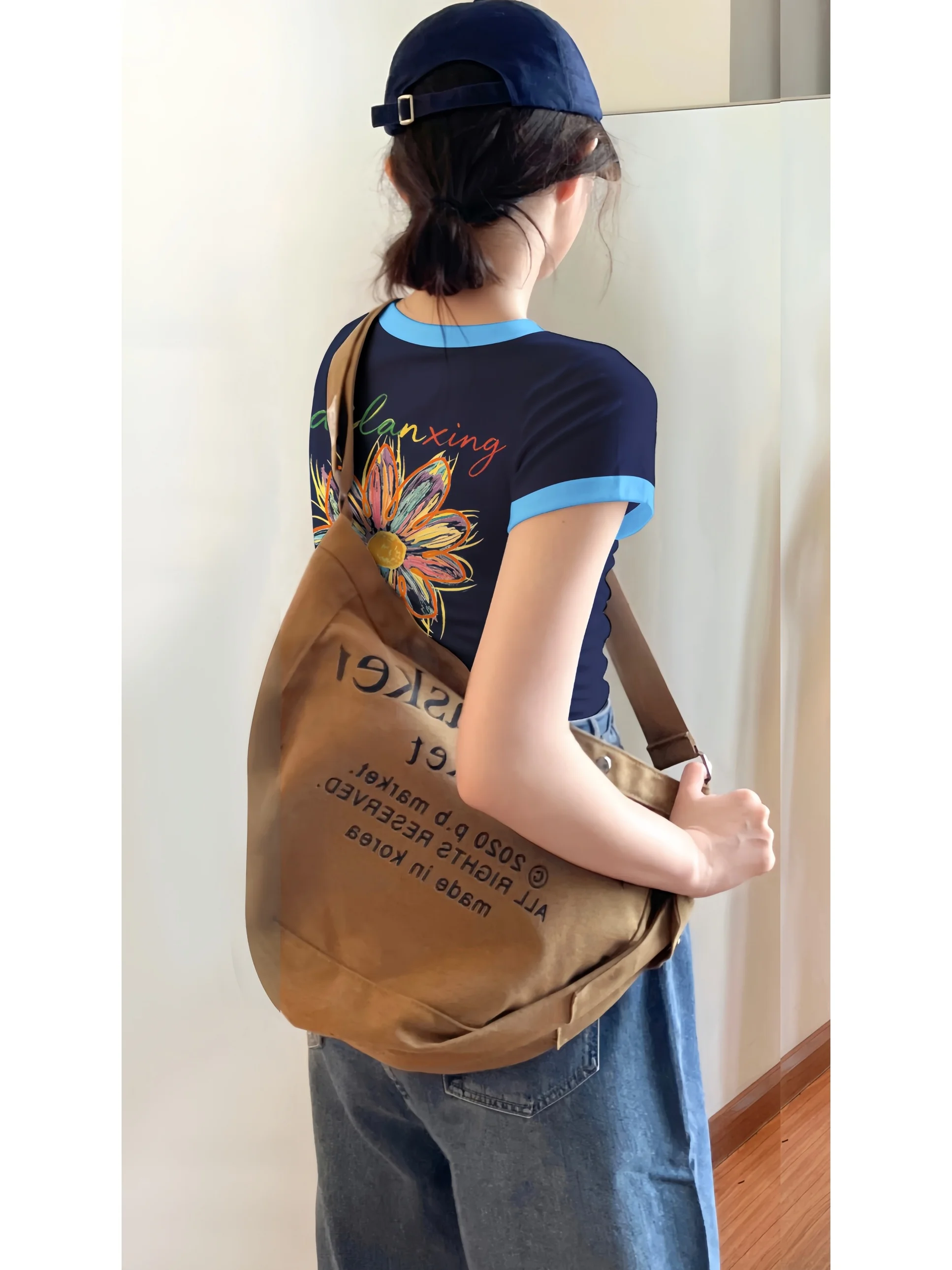 Retro Fashion Short Sleeve T-Shirt Women Summer Color Block Waist Cinched Slim Fit Design Printed Front Back Top