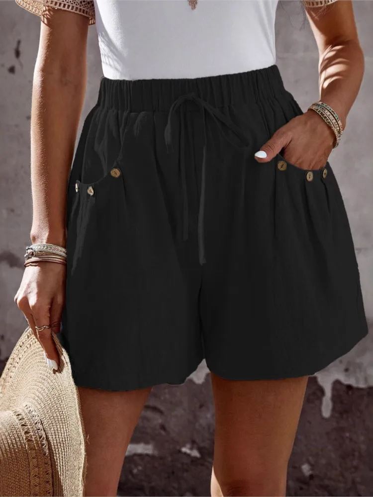 2025 novo estilo de verão feminino casual solto shorts bolso viajando all-match estilo simples quente na moda botão cor sólida moda
