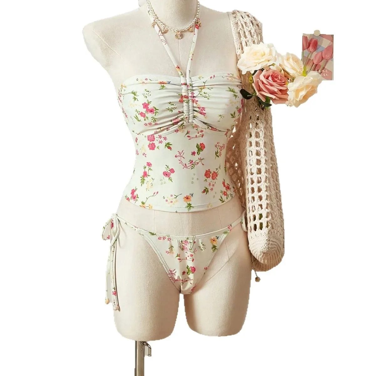 Traje de baño tankini de dos piezas con estampado floral de moda con cuello halter y correa para mujer Traje de baño sexy ajustado sin espalda de cintura alta