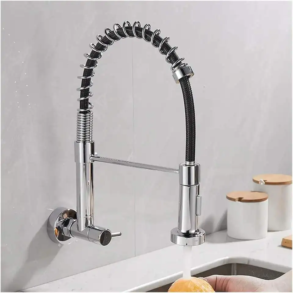 Spring Pull Down Kitchen Faucet in Wall Mounted  Stainless Steel Hot Cold Kitchen Sink Mixer Tap Rotation Spring Kitchen Faucets