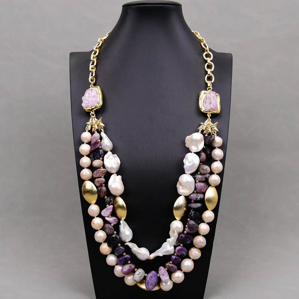 

G-G 3 Rows Freshwater Cultured White Keshi Pearl Pink Kunzite Rough Purple Charoite Long Chain Necklace 28" Lady Jewelry Gifts