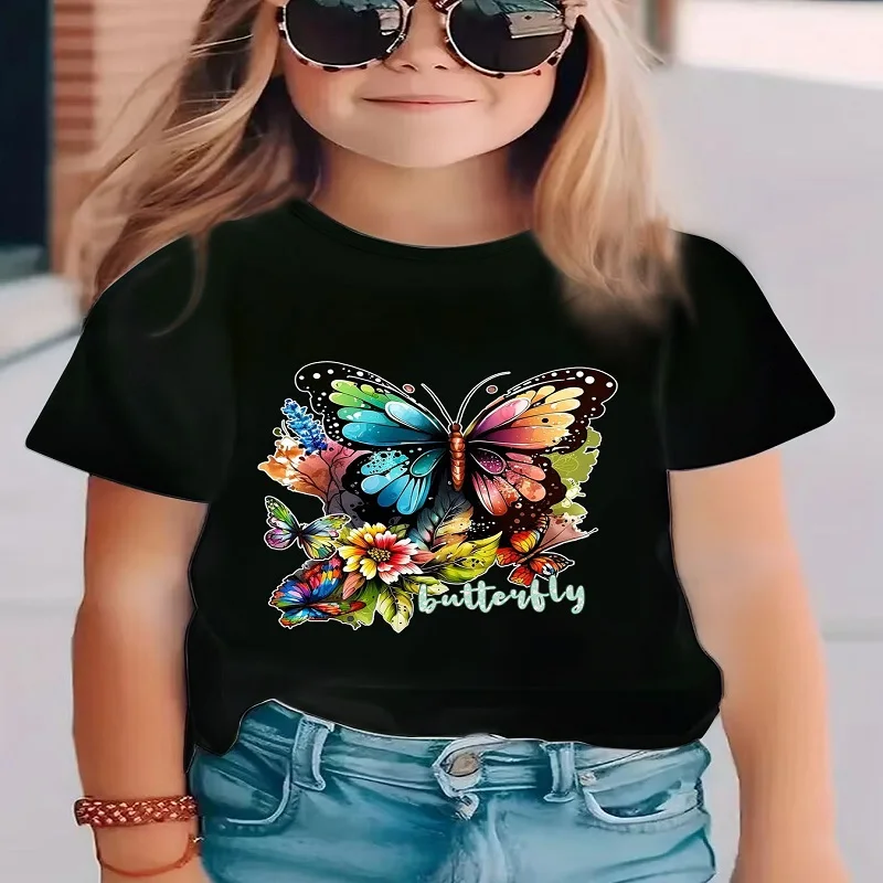 A short-sleeved T-shirt for girls with a butterfly print – a versatile, casual summer outfit perfect for children. The design is