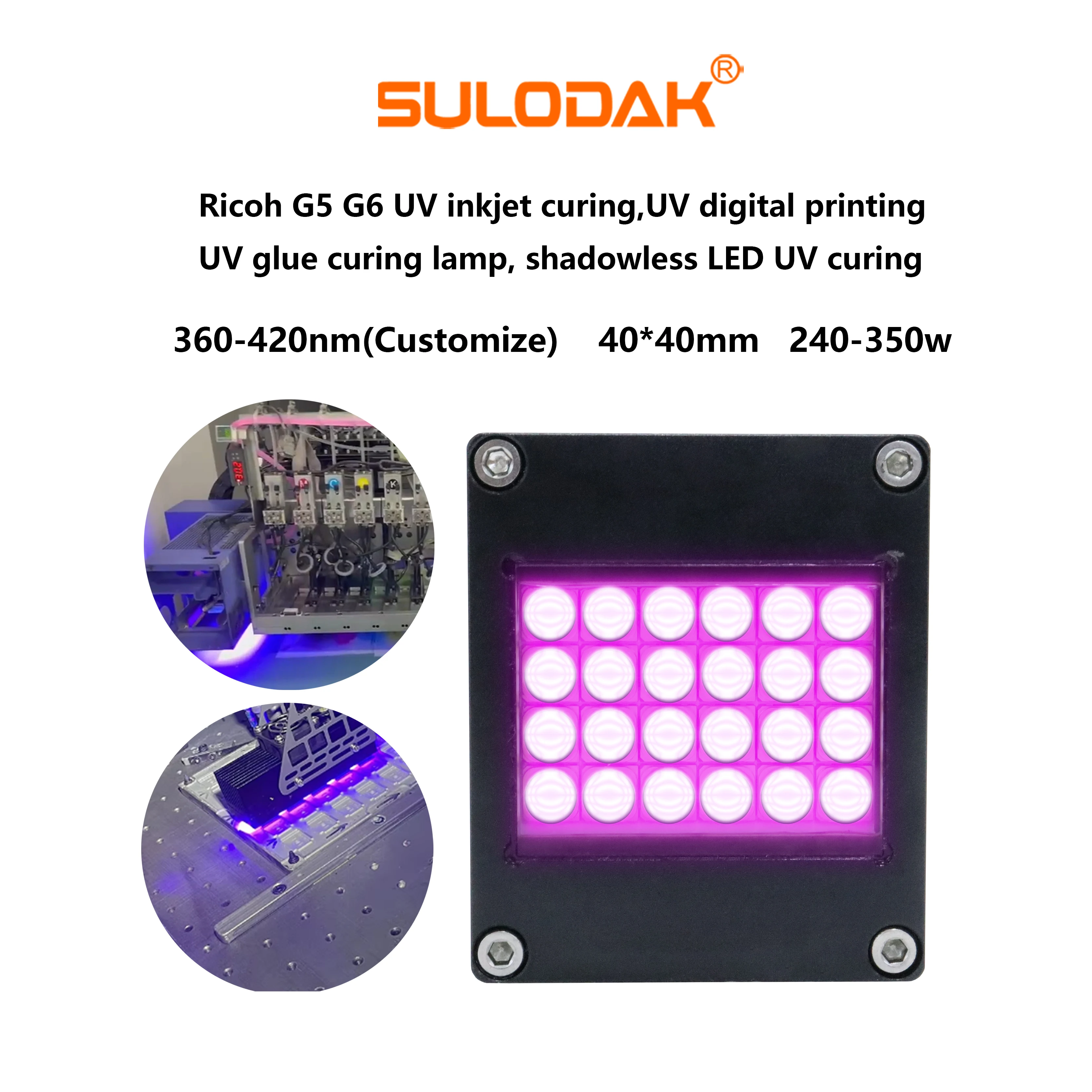 

40*40mm 350W Led Light For Ricoh G5 G6 Inkjet Curing Flatbed Printer Digital Printing Glue Curing Lamp Green Oil