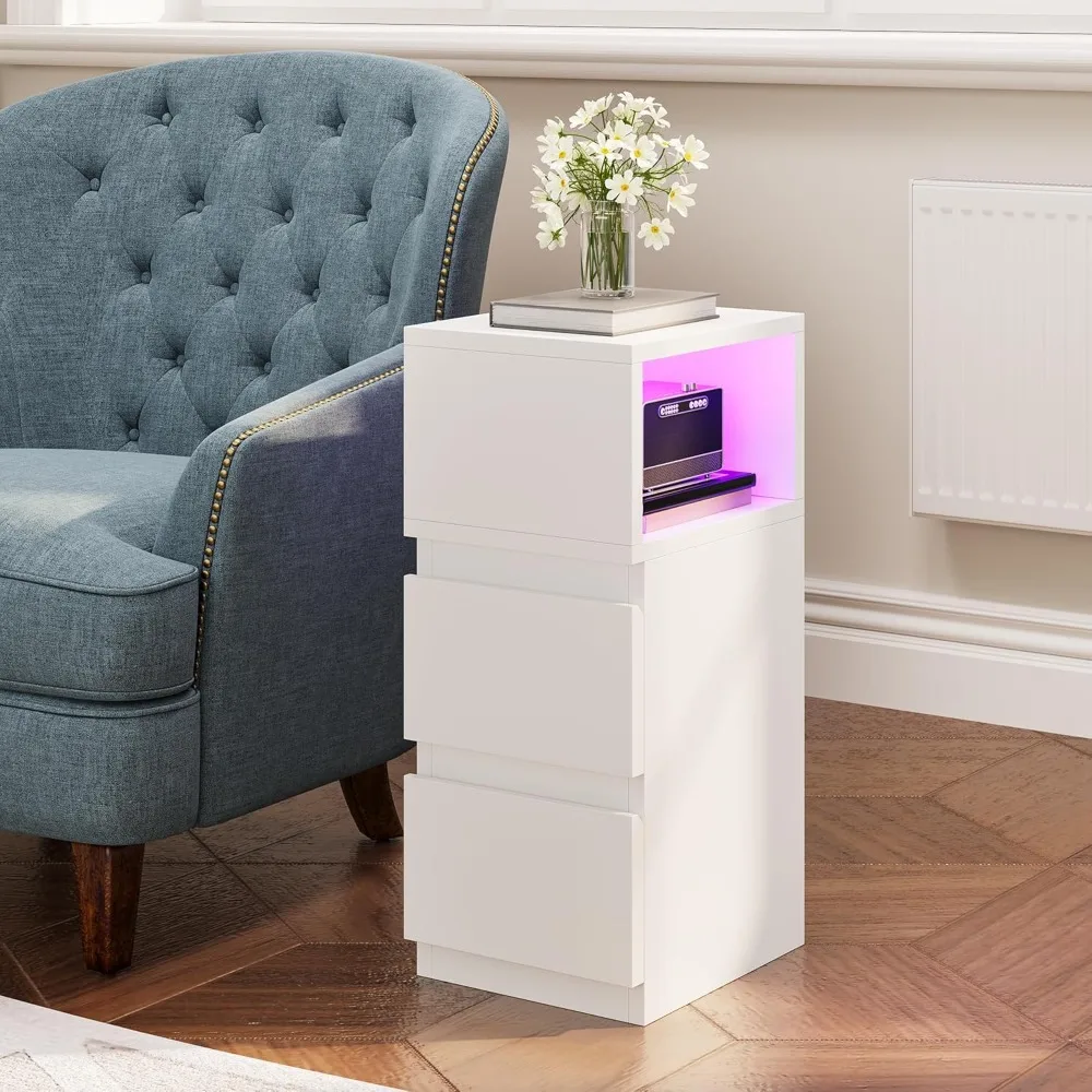 Juego de 2 Mesitas de Noche Delgadas con Luz، 2 Cajones y Almacenamiento Abierto #2