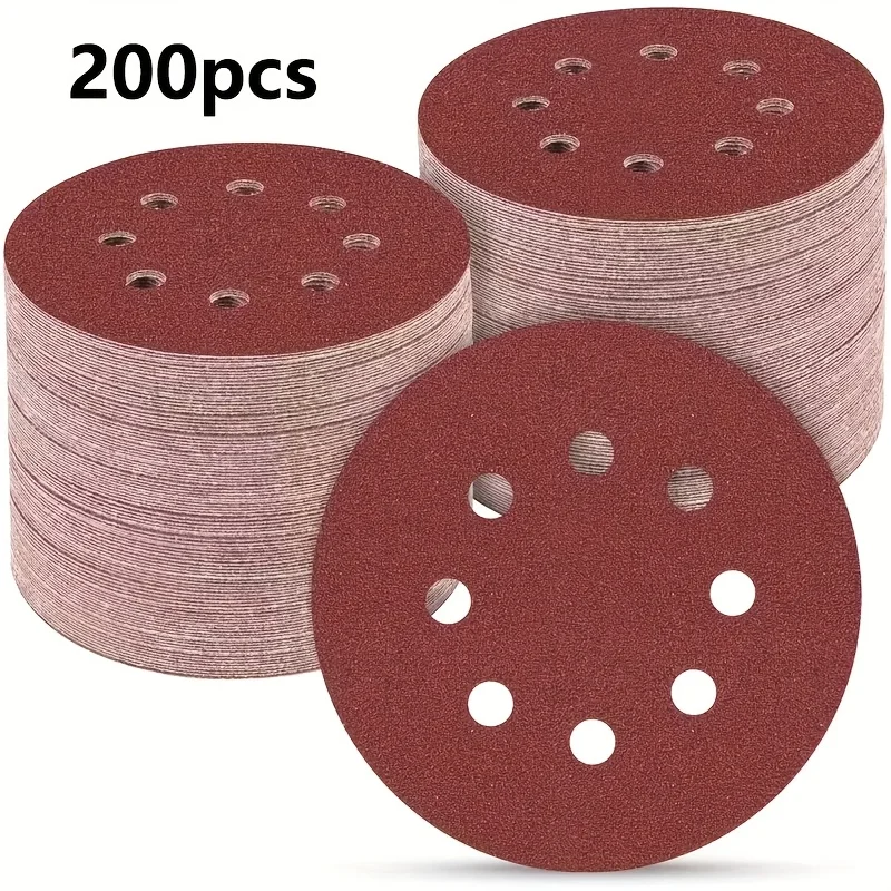 

200 штук 5-дюймовой наждачной бумаги с 8 отверстиями - 60/80/100/150/180/240/320/400/600/800/1000 меш - идеально подходит для произвольной машины для полировки треков